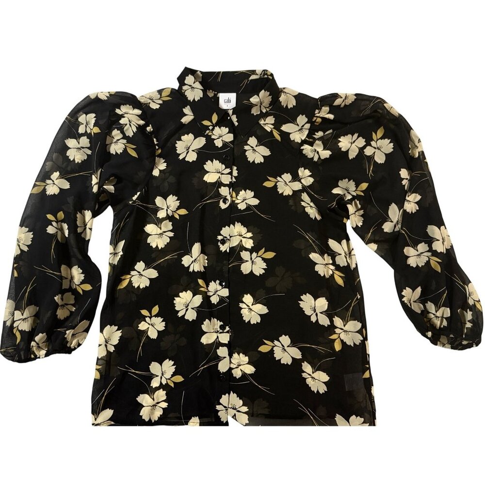 Cabi Black Dainty Floral Button-Up Blouse S Sheer Puff Sleeves Feminine Dressy